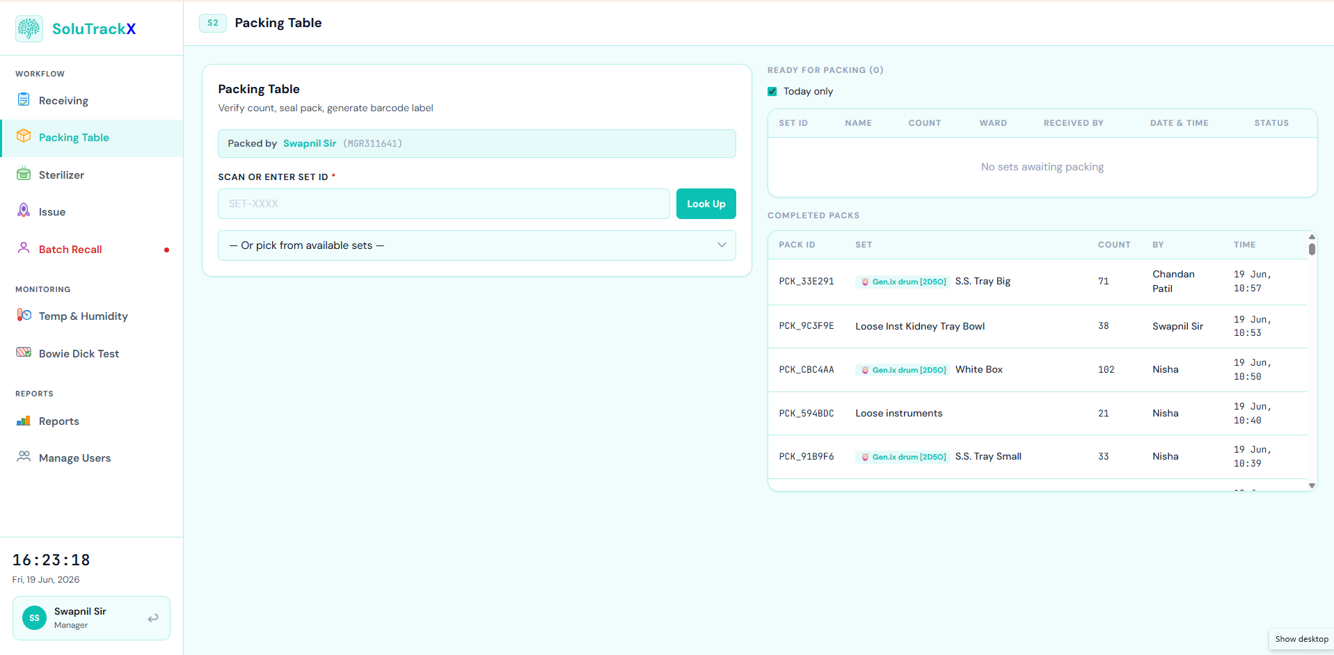 SoluTrackX Packing Table Interface