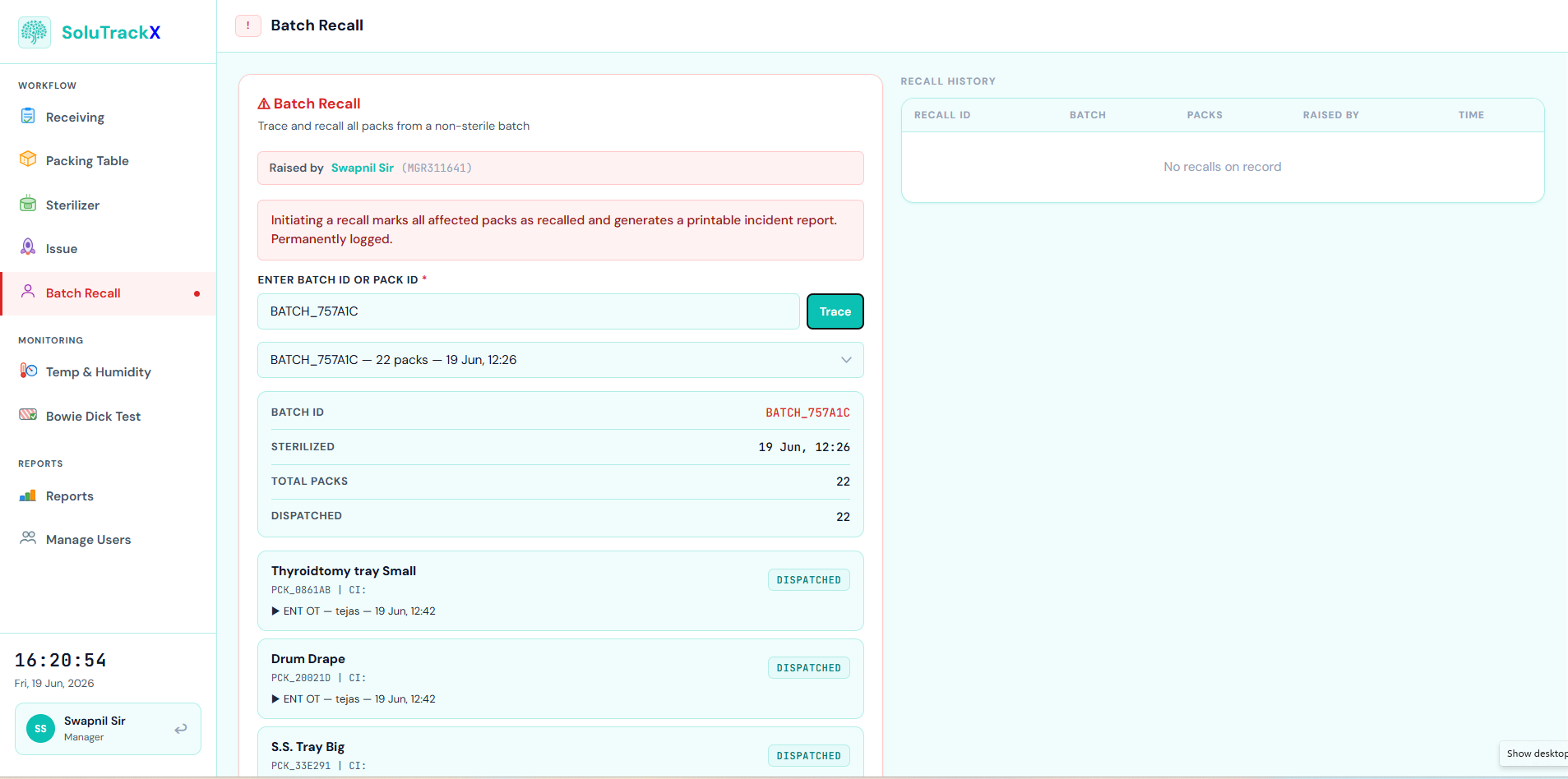 SoluTrackX Batch Recall System Interface
